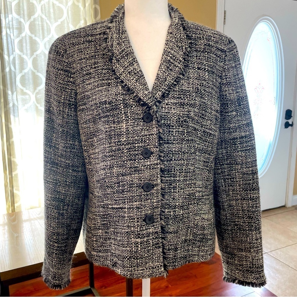 Talbots Tweed Academia Office Jacket, Black and White, Fringe, Vintage, Size 12